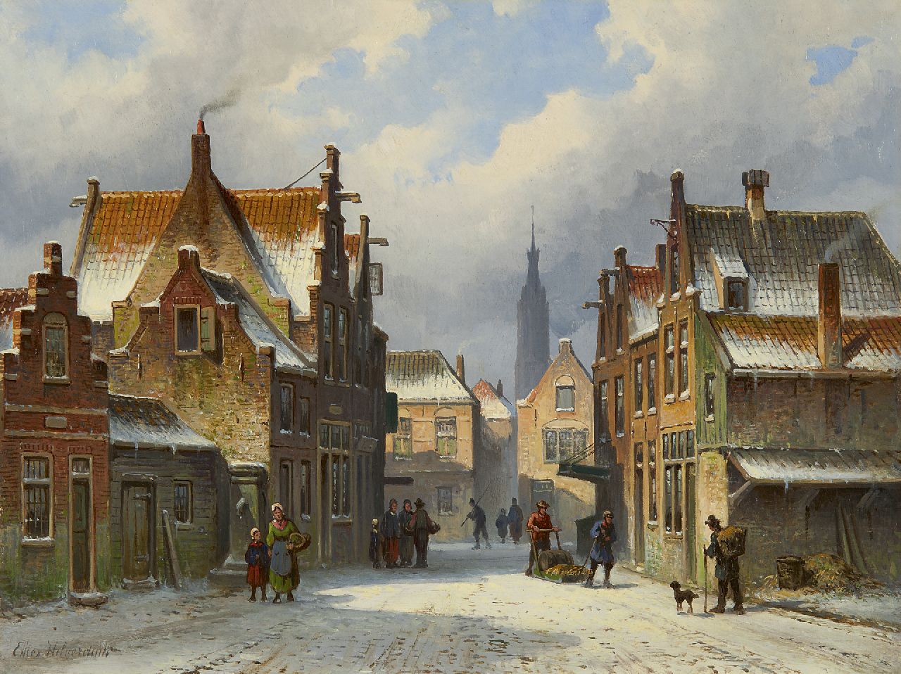 Hilverdink E.A. | Eduard Alexander Hilverdink, Besneeuwde dorpsstraat met de Nieuwe Kerk van Delft in de verte, olieverf op paneel 26,4 x 35,0 cm, gesigneerd linksonder Hilverdink E.A. | Eduard Alexander Hilverdink, Besneeuwde dorpsstraat met de Nieuwe Kerk van Delft in de verte, olieverf op paneel 26,4 x 35,0 cm, gesigneerd linksonder