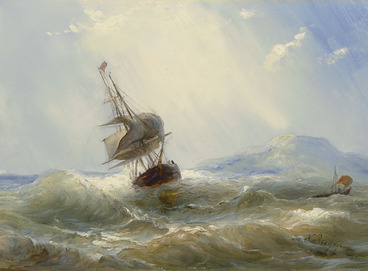 Riegen N.  | Nicolaas Riegen, Tweemaster op woelige zee, olieverf op paneel 26,7 x 35,0 cm, gesigneerd rechtsonder