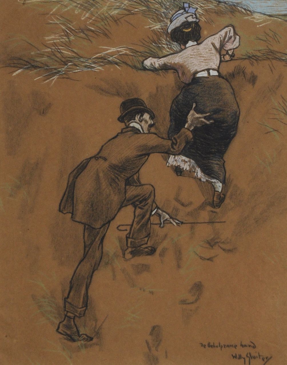 Sluiter J.W.  | Jan Willem 'Willy' Sluiter, De behulpzame hand, krijt op gekleurd papier 38,7 x 31,5 cm, gesigneerd rechtsonder en te dateren ca. 1908
