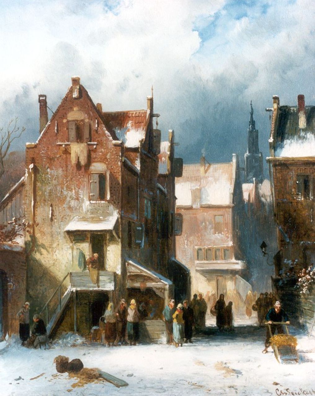 Leickert C.H.J. | 'Charles' Henri Joseph Leickert, Bedrijvigheid in een winters stadje, olieverf op paneel 29,0 x 24,7 cm, gesigneerd rechtsonder Leickert C.H.J. | 'Charles' Henri Joseph Leickert, Bedrijvigheid in een winters stadje, olieverf op paneel 29,0 x 24,7 cm, gesigneerd rechtsonder