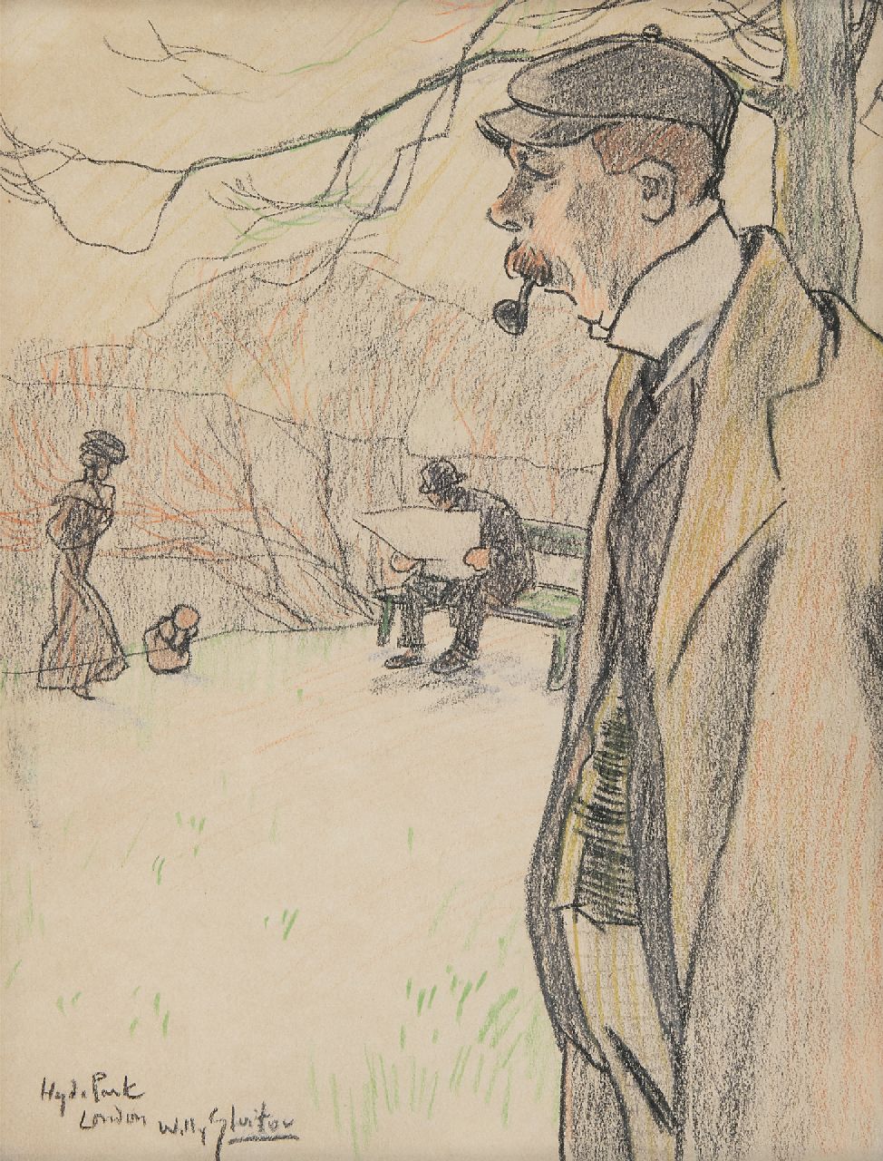 Sluiter J.W. | Jan Willem 'Willy' Sluiter | Aquarellen en tekeningen te koop aangeboden | In Hyde Park, Londen, krijt op papier 28,8 x 22,8 cm, gesigneerd linksonder Sluiter J.W. | Jan Willem 'Willy' Sluiter | Aquarellen en tekeningen te koop aangeboden | In Hyde Park, Londen, krijt op papier 28,8 x 22,8 cm, gesigneerd linksonder