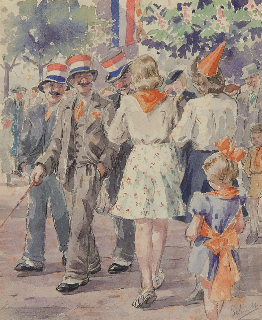 Schutte L.H.H.  | 'Louis' Hermanus Hendrikus Schutte | Aquarellen en tekeningen te koop aangeboden | Koninginnedag op het Kennemerplein in Haarlem, krijt en aquarel op papier 25,4 x 20,9 cm, gesigneerd rechtsonder