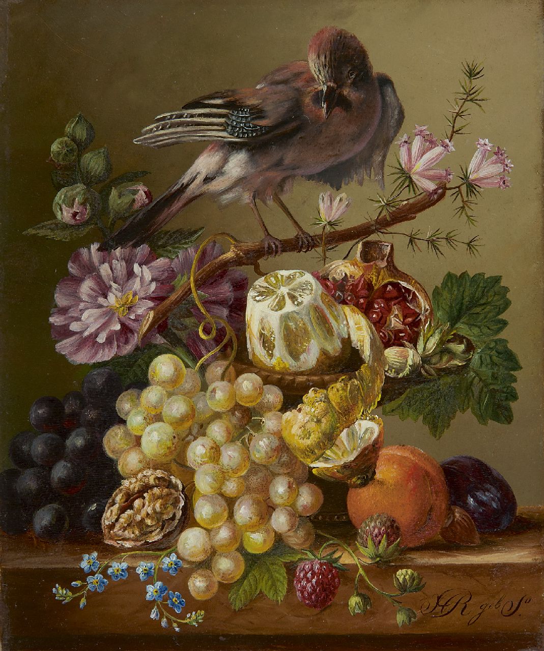 Onbekend | Onbekend | Schilderijen te koop aangeboden | Stilleven met vruchten en Vlaamse Gaai op een tak, olieverf op paneel 21,5 x 18,0 cm, gesigneerd rechtsonder 'H R geboren S' Onbekend | Onbekend | Schilderijen te koop aangeboden | Stilleven met vruchten en Vlaamse Gaai op een tak, olieverf op paneel 21,5 x 18,0 cm, gesigneerd rechtsonder 'H R geboren S'