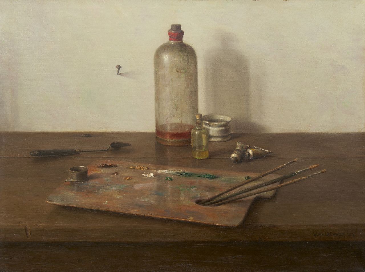 Leeuwen W.A. van | Wilhelmus Antonius 'Willem' van Leeuwen, Stilleven met schildersattributen, olieverf op doek 45,2 x 60,2 cm, gesigneerd rechtsonder en gedateerd '54