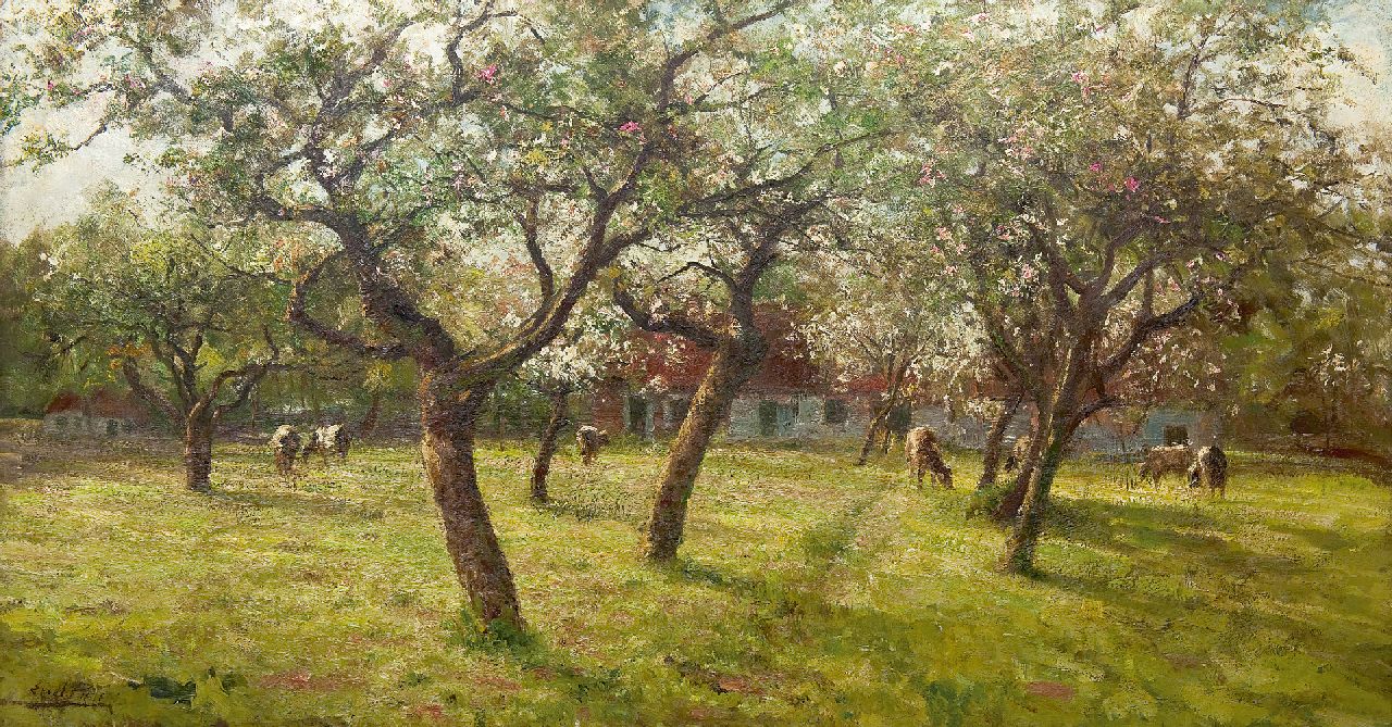 Pieters E. | Evert Pieters, Grazende koeien in een boomgaard, olieverf op doek 80,0 x 148,6 cm, gesigneerd linksonder Pieters E. | Evert Pieters, Grazende koeien in een boomgaard, olieverf op doek 80,0 x 148,6 cm, gesigneerd linksonder