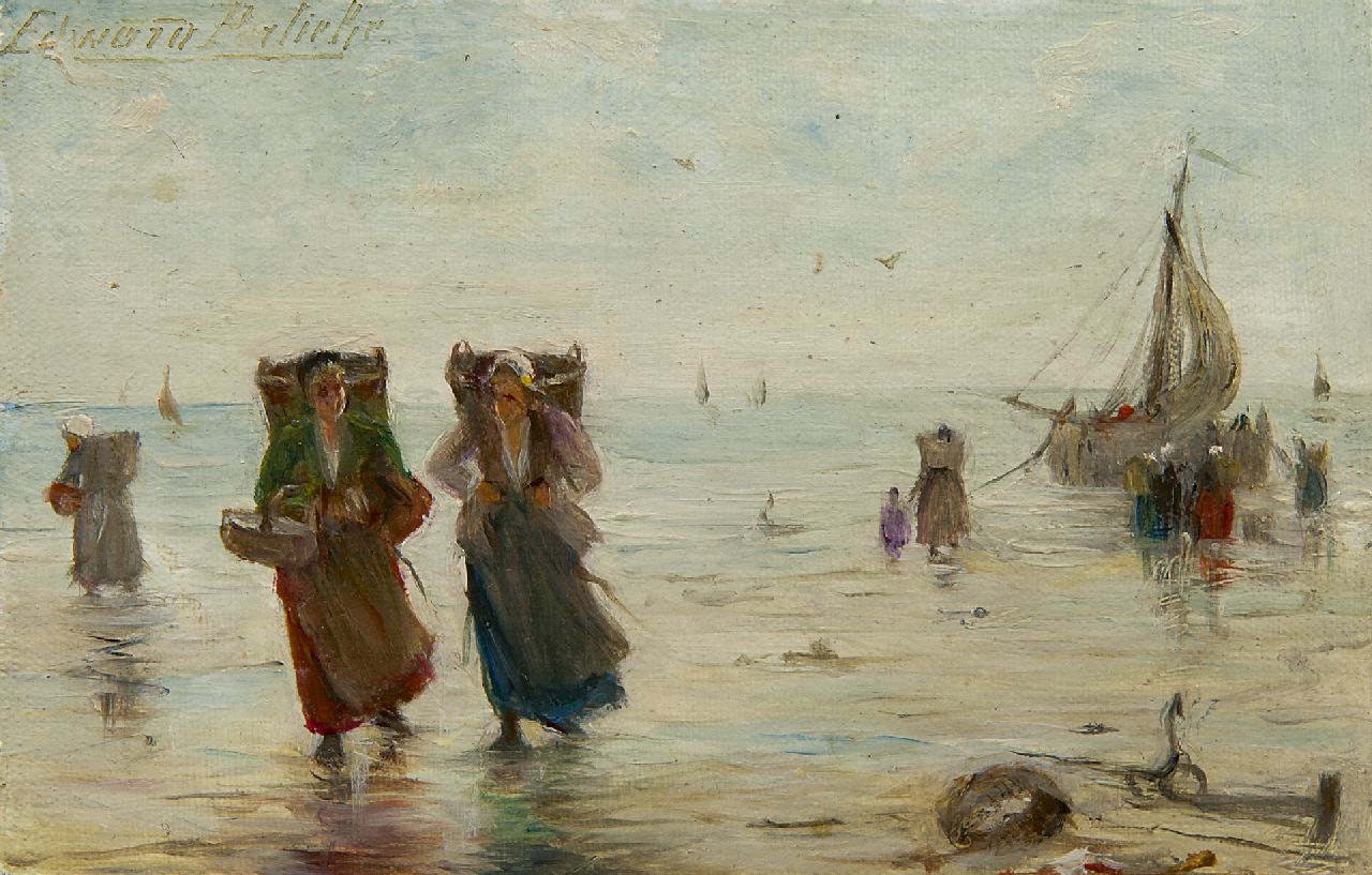 Portielje E.A.  | 'Edward' Antoon Portielje, Vissersvrouwen op het strand (pendant van 17477), olieverf op doek 9,4 x 14,7 cm, gesigneerd linksboven