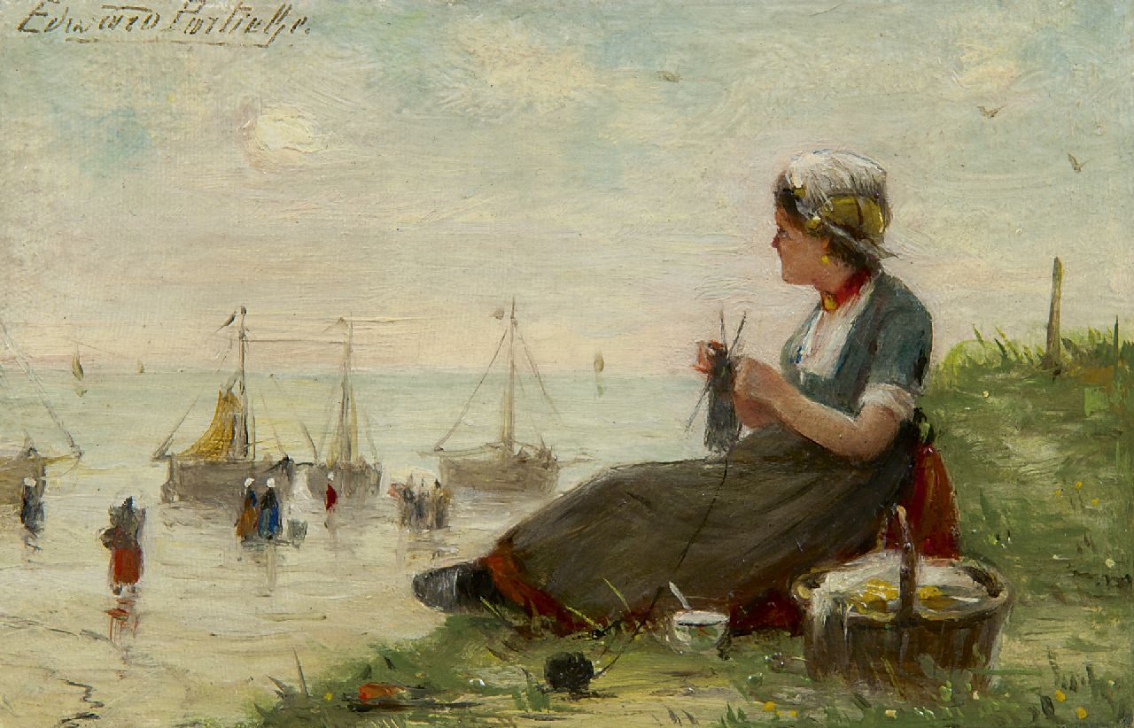 Portielje E.A.  | 'Edward' Antoon Portielje, Breien op het duin (pendant van 17476), olieverf op doek 9,4 x 14,8 cm, gesigneerd linksboven