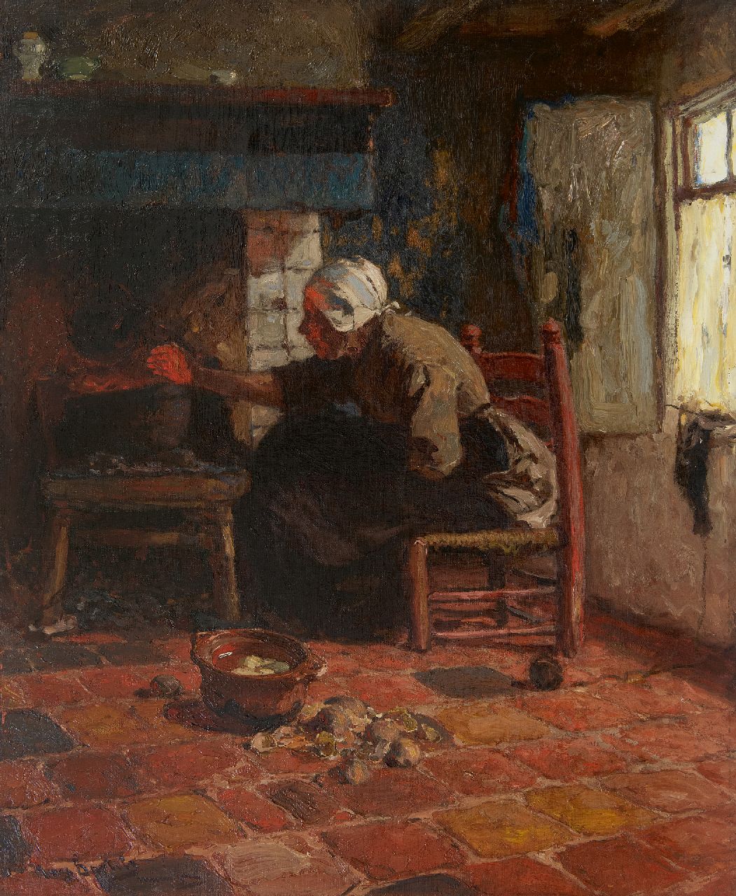 Bartels H. von | Hans von Bartels | Schilderijen te koop aangeboden | Katwijkse vrouw bij het haardvuur, olieverf op doek 67,3 x 55,0 cm, gesigneerd linksonder Bartels H. von | Hans von Bartels | Schilderijen te koop aangeboden | Katwijkse vrouw bij het haardvuur, olieverf op doek 67,3 x 55,0 cm, gesigneerd linksonder