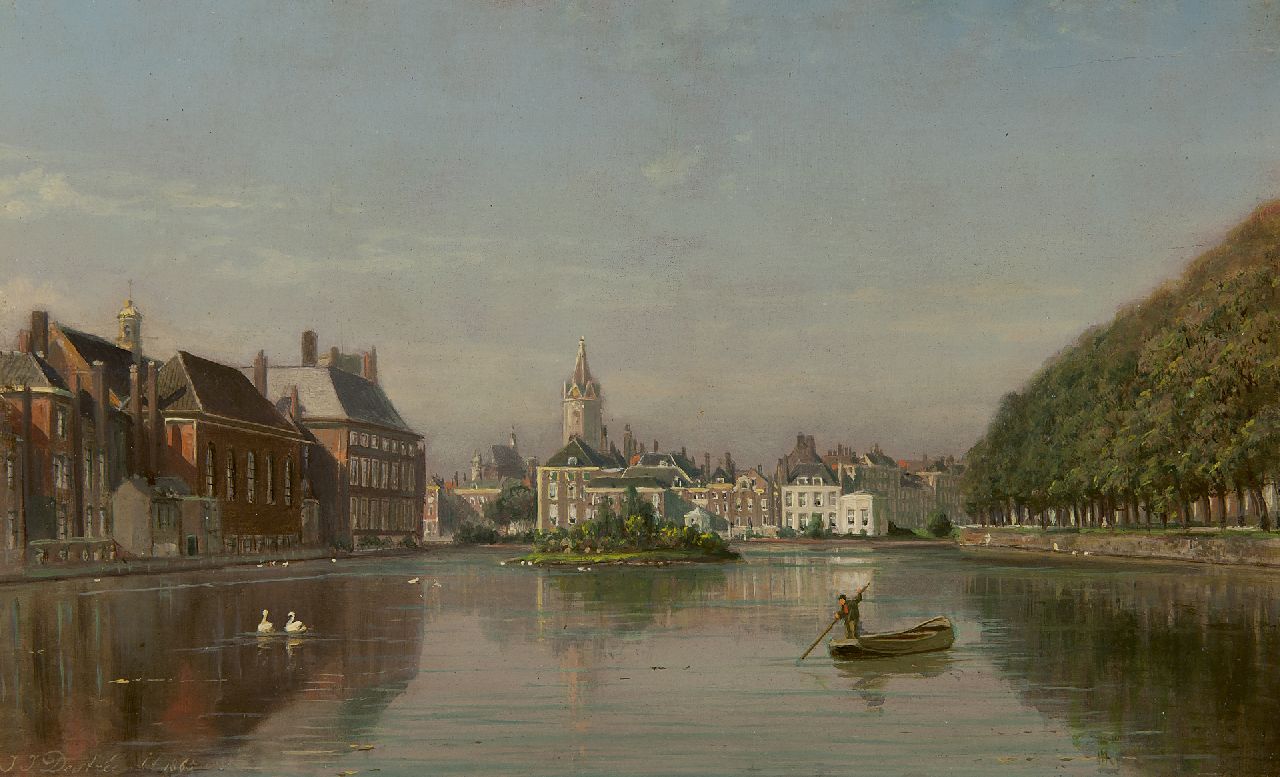 Destrée J.J. | Johannes Josephus Destrée, Gezicht op de Hofvijver, Den Haag, olieverf op paneel 19,7 x 31,4 cm, gesigneerd linksonder en gedateerd 1865 Destrée J.J. | Johannes Josephus Destrée, Gezicht op de Hofvijver, Den Haag, olieverf op paneel 19,7 x 31,4 cm, gesigneerd linksonder en gedateerd 1865