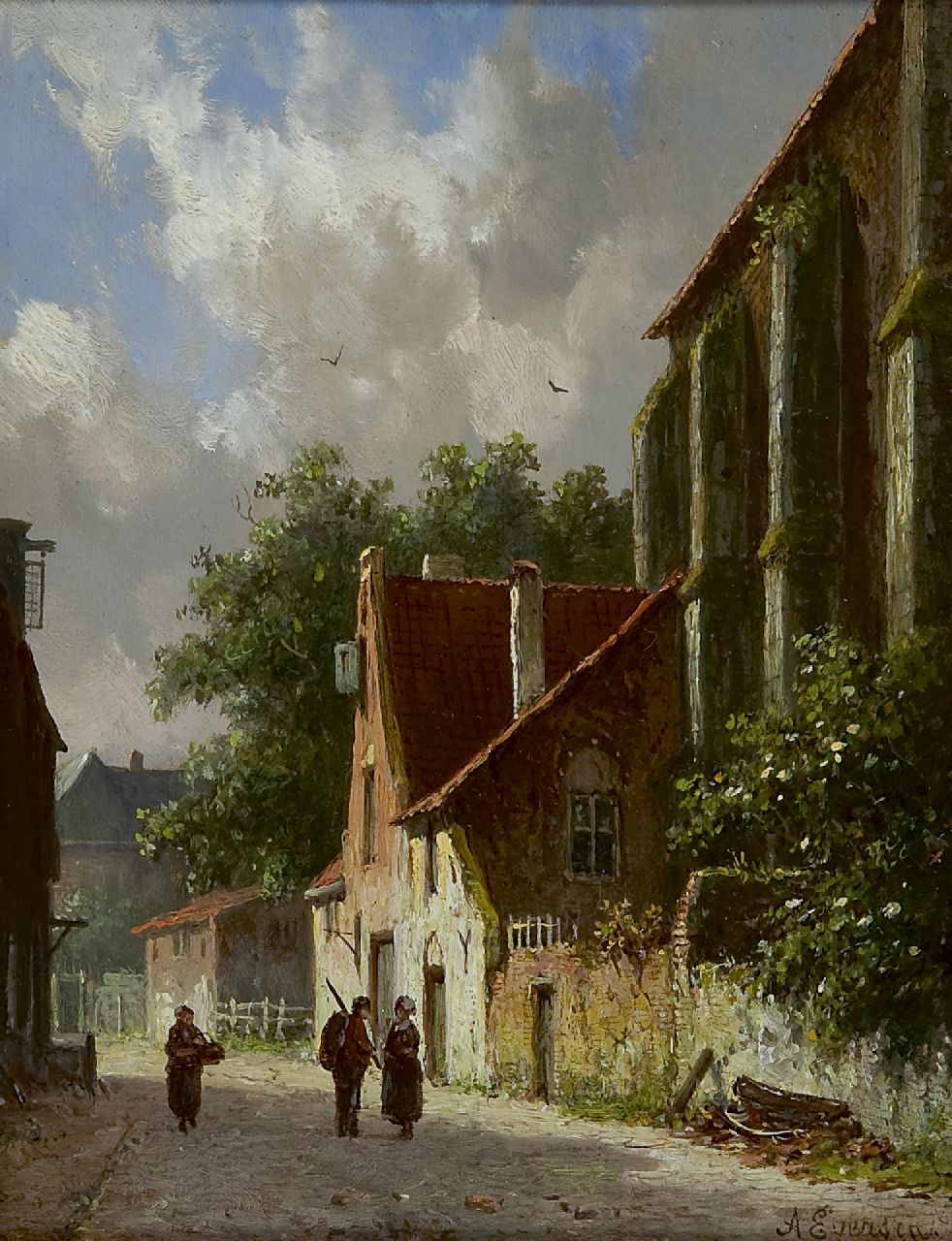 Eversen A. | Adrianus Eversen, Figuren in zonnig dorpsstraatje, olieverf op paneel 18,9 x 14,9 cm, gesigneerd rechtsonder en verso op etiket Eversen A. | Adrianus Eversen, Figuren in zonnig dorpsstraatje, olieverf op paneel 18,9 x 14,9 cm, gesigneerd rechtsonder en verso op etiket