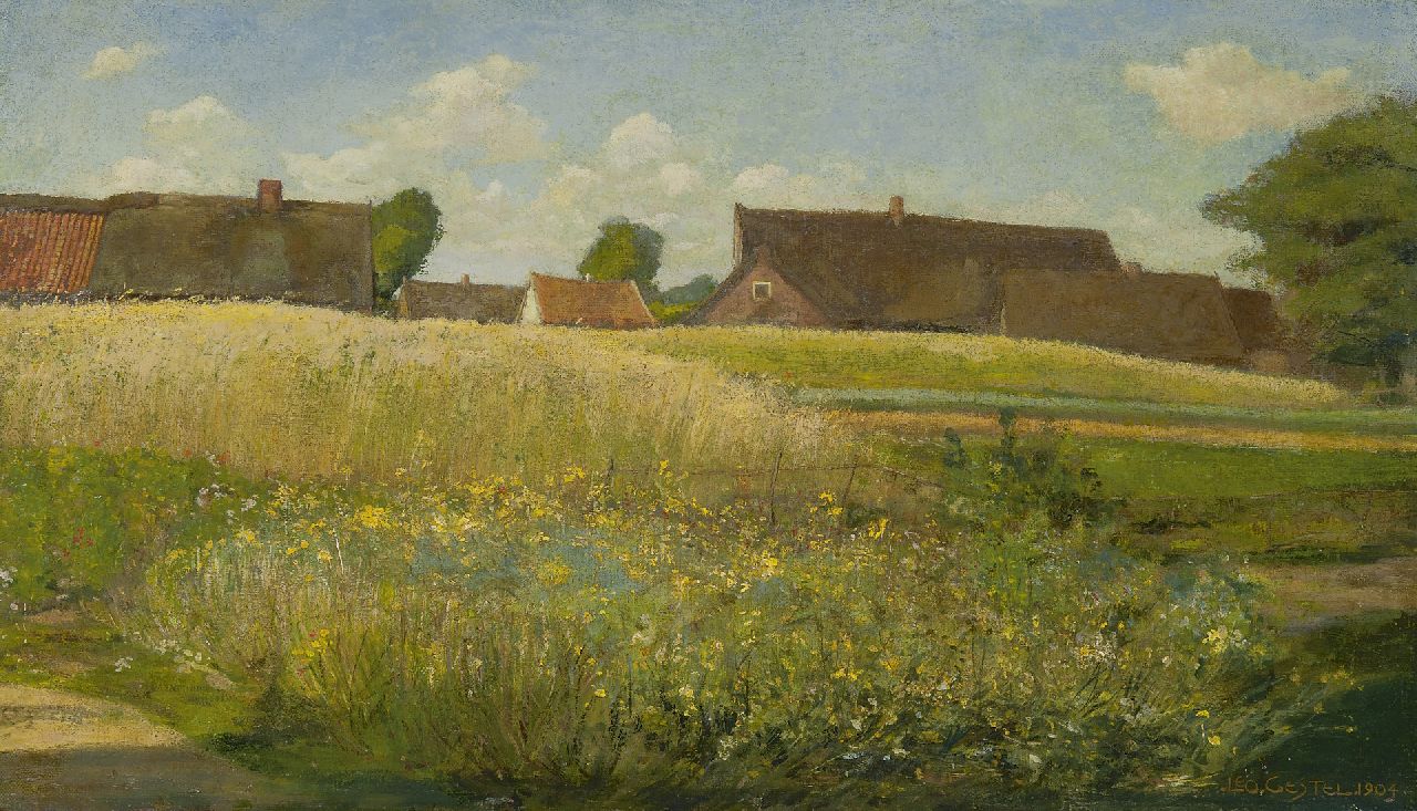 Gestel L.  | Leendert 'Leo' Gestel, Boerderijen langs het korenveld, olieverf op doek 37,0 x 62,5 cm, gesigneerd rechtsonder en gedateerd 1904