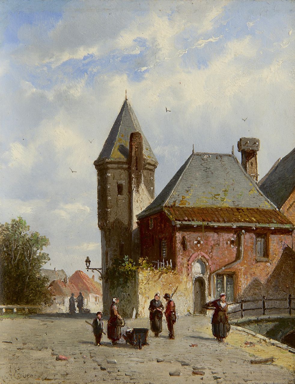 Eversen A. | Adrianus Eversen, Zonnig gezicht op de Koppelpoort te Amersfoort, olieverf op paneel 19,3 x 15,0 cm, gesigneerd linksonder en verso op etiket Eversen A. | Adrianus Eversen, Zonnig gezicht op de Koppelpoort te Amersfoort, olieverf op paneel 19,3 x 15,0 cm, gesigneerd linksonder en verso op etiket