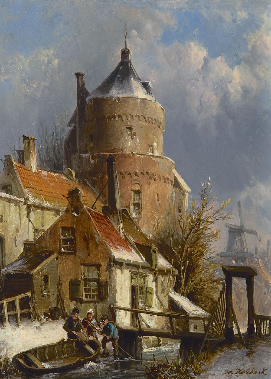 Koekkoek W. | Willem Koekkoek, Winters stadsgezicht met oude vestingtoren, olieverf op paneel 21,0 x 15,6 cm, gesigneerd rechtsonder Koekkoek W. | Willem Koekkoek, Winters stadsgezicht met oude vestingtoren, olieverf op paneel 21,0 x 15,6 cm, gesigneerd rechtsonder