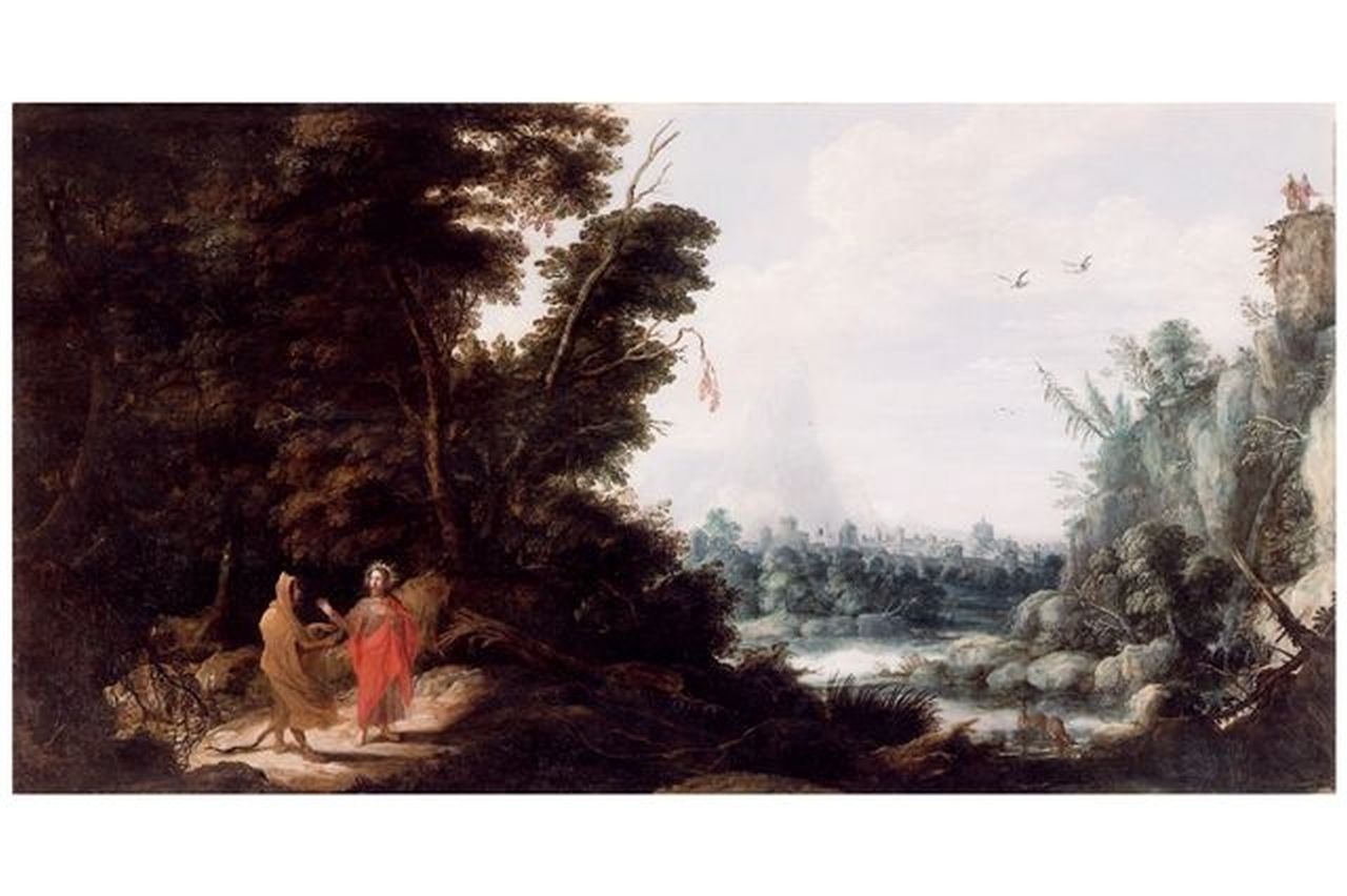 Teniers de Oude D.  | David Teniers de Oude, De verzoeking van Christus in de woestijn, olieverf op paneel 85,5 x 162,0 cm, te dateren ca. 1620