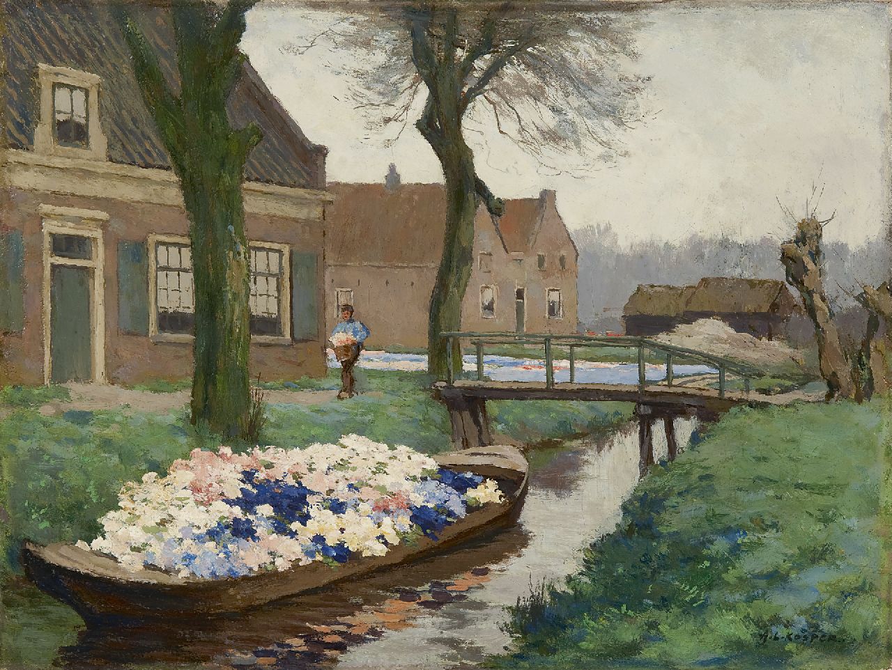 Koster A.L. | Anton Louis 'Anton' Koster, Vervoer der afgesneden hyacinthen, olieverf op doek 32,5 x 43,2 cm, gesigneerd rechtsonder Koster A.L. | Anton Louis 'Anton' Koster, Vervoer der afgesneden hyacinthen, olieverf op doek 32,5 x 43,2 cm, gesigneerd rechtsonder