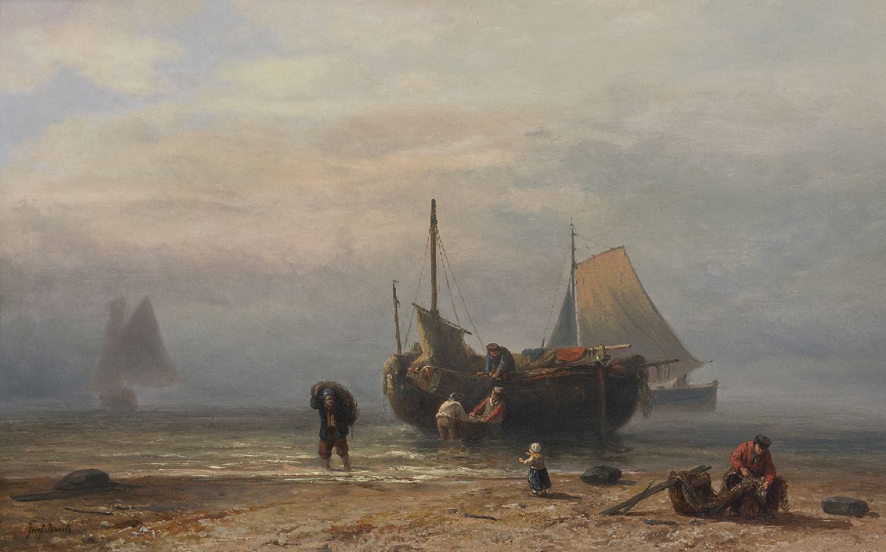 Israëls J.  | Jozef Israëls, Bomschuit en vissers op het strand (vermoedelijk Zandvoort), olieverf op paneel 45,0 x 72,1 cm, gesigneerd linksonder en op etiket op verso