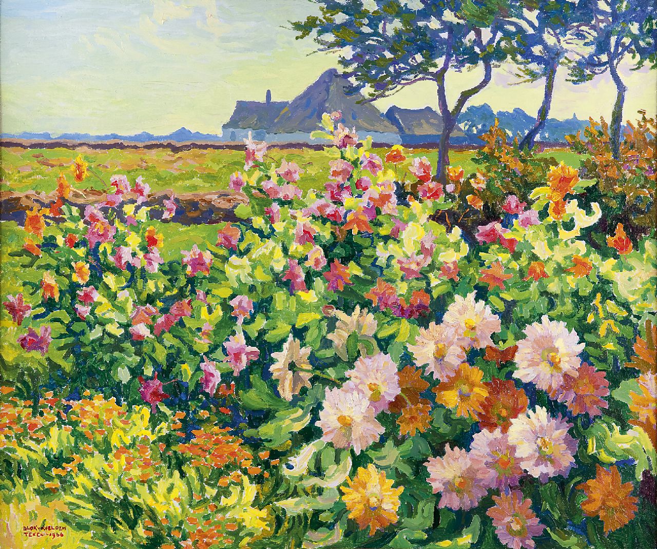 Blok van der Velden A.D. | Adrianus Dirk 'Ad' Blok van der Velden, Boerentuintje met chrysanten en dahlia's op Texel, olieverf op doek 50,3 x 60,5 cm, gesigneerd linksonder en gedateerd 'Texel 1966' Blok van der Velden A.D. | Adrianus Dirk 'Ad' Blok van der Velden, Boerentuintje met chrysanten en dahlia's op Texel, olieverf op doek 50,3 x 60,5 cm, gesigneerd linksonder en gedateerd 'Texel 1966'