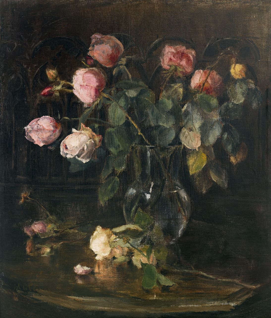 Clerq M.C. de | Marguérite Carolina de Clerq, Rozen in glazen vaas, olieverf op doek 55,4 x 47,5 cm, gesigneerd linksonder Clerq M.C. de | Marguérite Carolina de Clerq, Rozen in glazen vaas, olieverf op doek 55,4 x 47,5 cm, gesigneerd linksonder
