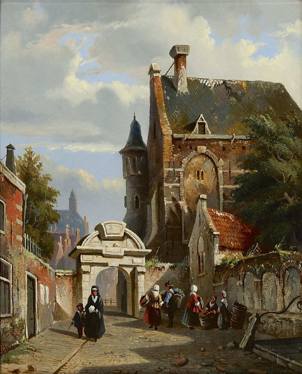 Eversen A. | Adrianus Eversen, Stadsgezicht met de Amsterdamse Zuiderkerkhofpoort, olieverf op paneel 26,1 x 21,3 cm, gesigneerd linksonder met monogram en te dateren ca 1852 Eversen A. | Adrianus Eversen, Stadsgezicht met de Amsterdamse Zuiderkerkhofpoort, olieverf op paneel 26,1 x 21,3 cm, gesigneerd linksonder met monogram en te dateren ca 1852