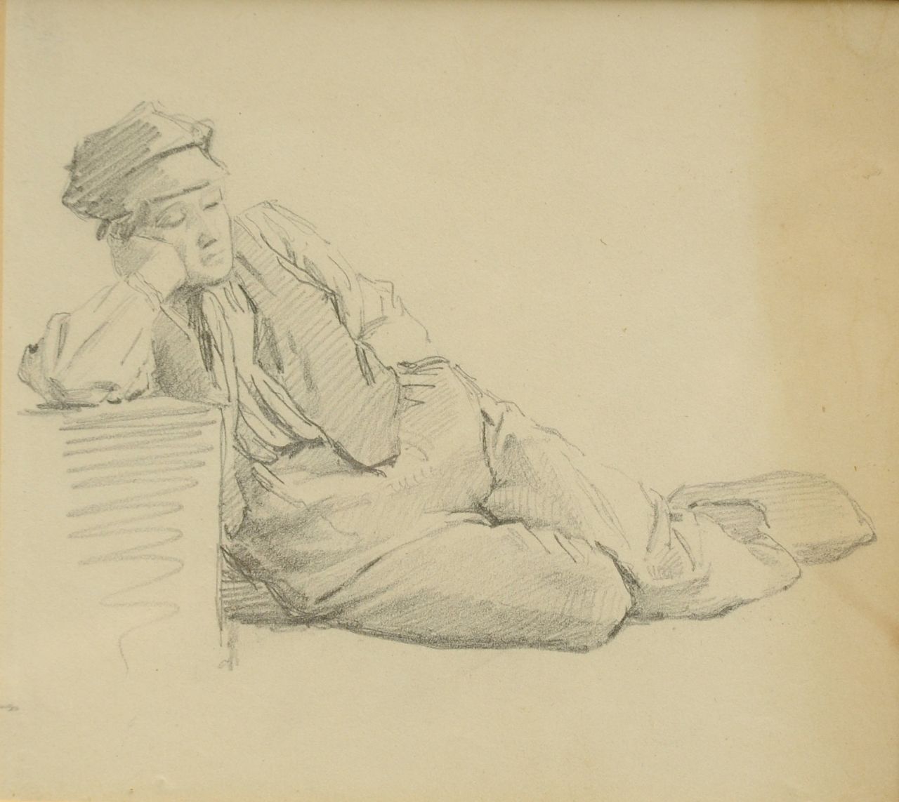 Koekkoek B.C. | Barend Cornelis Koekkoek, Studie van een slapende boerenjongen, krijt op papier 14,3 x 15,9 cm Koekkoek B.C. | Barend Cornelis Koekkoek, Studie van een slapende boerenjongen, krijt op papier 14,3 x 15,9 cm