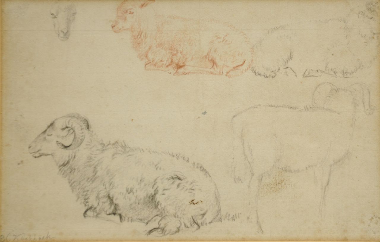 Koekkoek B.C. | Barend Cornelis Koekkoek, Studie van rammen en schapen, krijt op papier 15,2 x 23,8 cm, gesigneerd linksonder Koekkoek B.C. | Barend Cornelis Koekkoek, Studie van rammen en schapen, krijt op papier 15,2 x 23,8 cm, gesigneerd linksonder