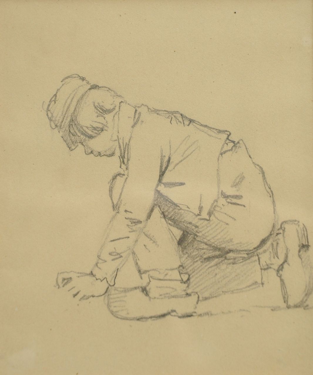 Koekkoek B.C. | Barend Cornelis Koekkoek, Studie van een knielende boerenjongen, krijt op papier 12,8 x 10,2 cm Koekkoek B.C. | Barend Cornelis Koekkoek, Studie van een knielende boerenjongen, krijt op papier 12,8 x 10,2 cm