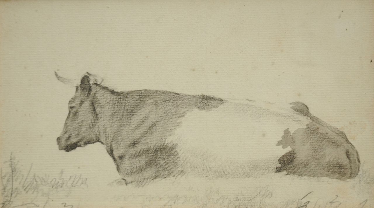Koekkoek B.C. | Barend Cornelis Koekkoek, Studie van een rustende koe, krijt en aquarel op papier 10,1 x 18,2 cm Koekkoek B.C. | Barend Cornelis Koekkoek, Studie van een rustende koe, krijt en aquarel op papier 10,1 x 18,2 cm
