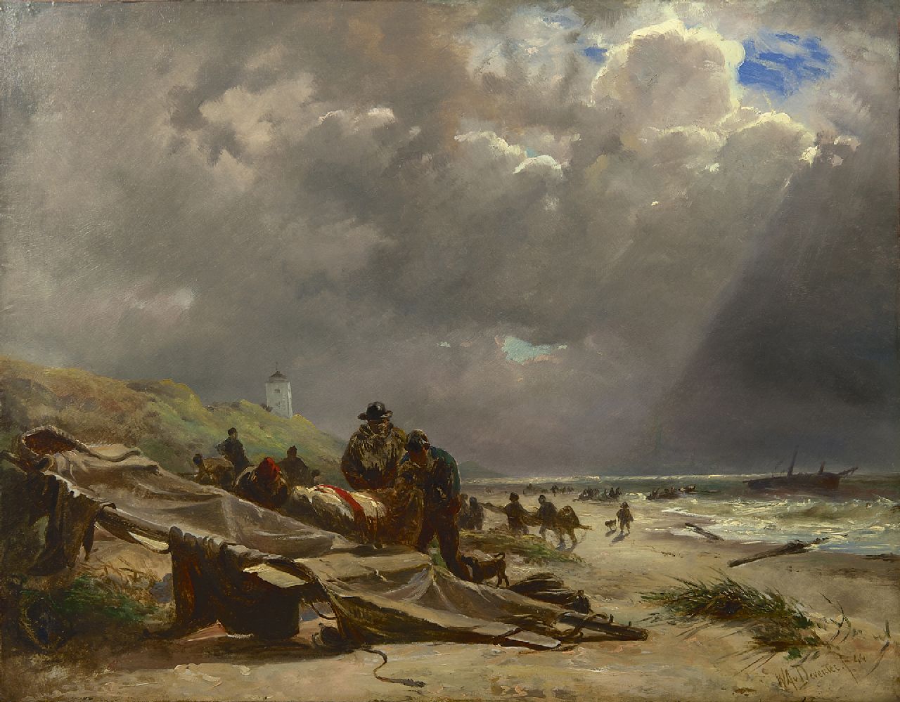 Deventer W.A. van | 'Willem' Anthonie van Deventer, Schipbreuk op het strand van Katwijk, olieverf op papier op schildersboard 46,3 x 59,6 cm, gesigneerd rechtsonder en gedateerd '44