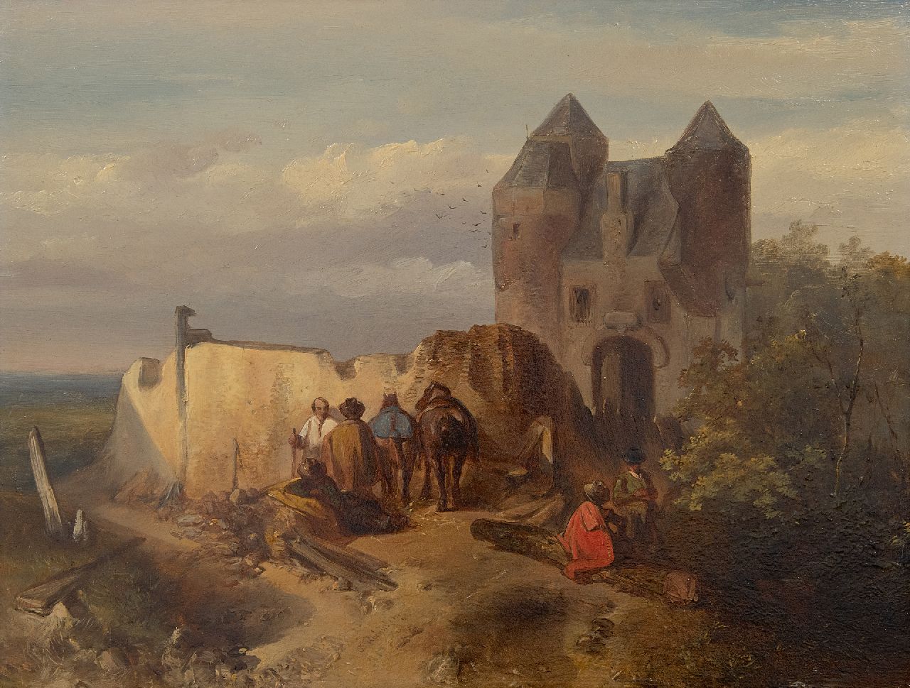 Rochussen Ch. | Charles Rochussen | Schilderijen te koop aangeboden | Landschap met reizigers bij een ruïne (pendant), olieverf op paneel 25,5 x 33,5 cm, gesigneerd linksonder en gedateerd '42 Rochussen Ch. | Charles Rochussen | Schilderijen te koop aangeboden | Landschap met reizigers bij een ruïne (pendant), olieverf op paneel 25,5 x 33,5 cm, gesigneerd linksonder en gedateerd '42