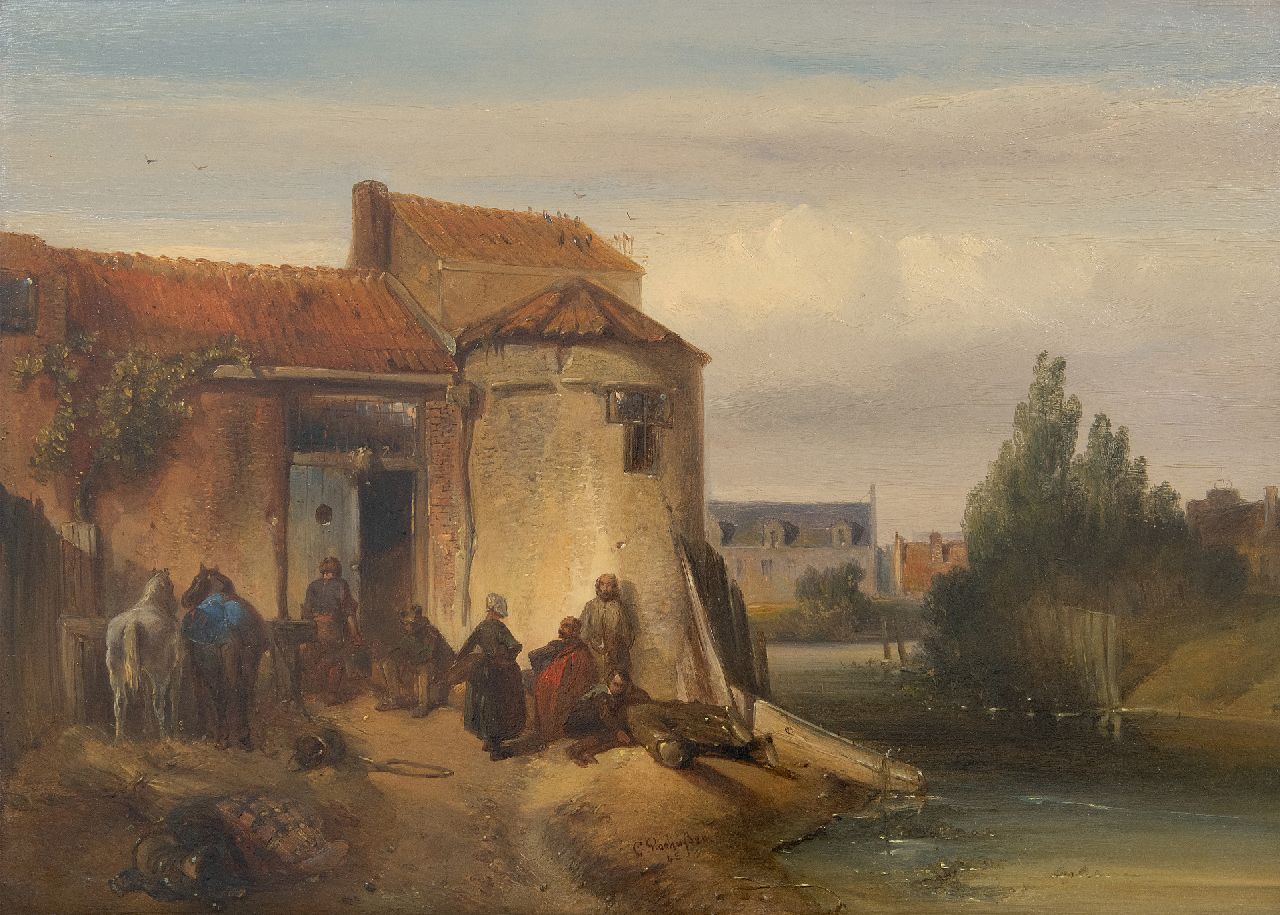Rochussen Ch.  | Charles Rochussen | Schilderijen te koop aangeboden | Rustende reizigers bij een herberg (pendant), olieverf op paneel 27,5 x 38,0 cm, gesigneerd middenonder en gedateerd '43