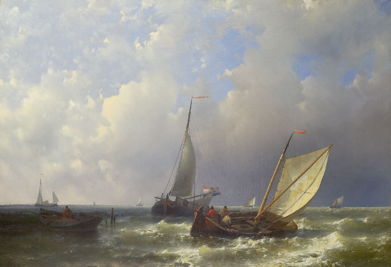 Hulk A.  | Abraham Hulk, Binnenzeilende tjalk bij een haveningang, olieverf op doek 49,0 x 70,2 cm, gesigneerd linksonder
