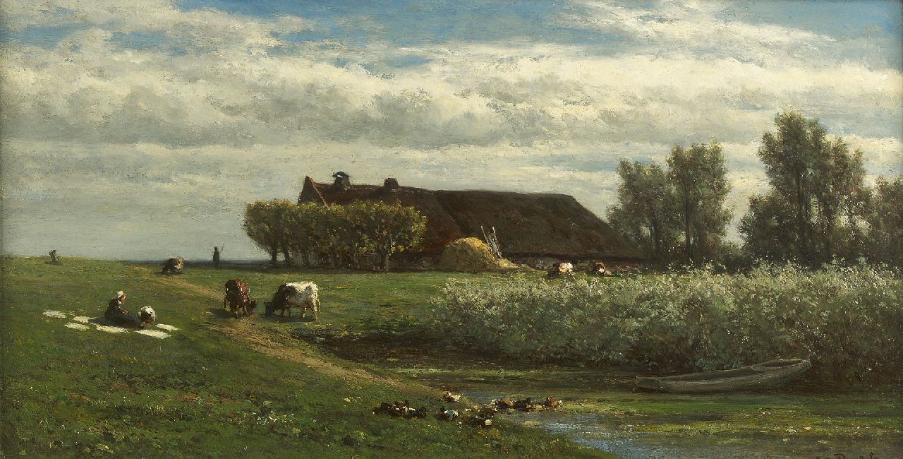 Roelofs W. | Willem Roelofs, Polderlandschap met boerin bij de bleek, olieverf op paneel 23,0 x 45,1 cm, gesigneerd rechtsonder Roelofs W. | Willem Roelofs, Polderlandschap met boerin bij de bleek, olieverf op paneel 23,0 x 45,1 cm, gesigneerd rechtsonder