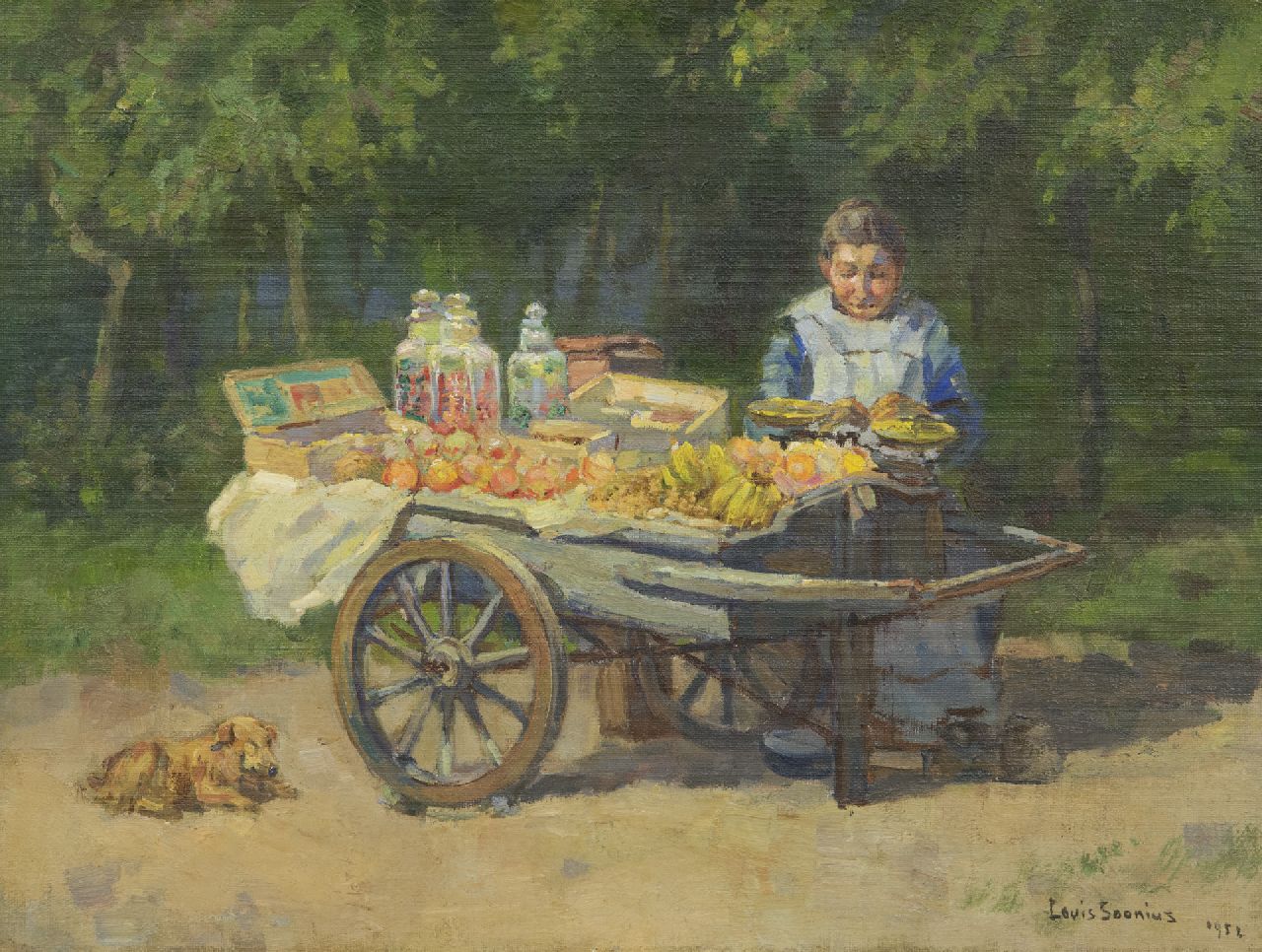 Soonius L. | Lodewijk 'Louis' Soonius | Schilderijen te koop aangeboden | Straatverkoopster met fruit en snoepgoed, olieverf op doek 30,5 x 40,5 cm, gesigneerd rechtsonder en gedateerd 1952 Soonius L. | Lodewijk 'Louis' Soonius | Schilderijen te koop aangeboden | Straatverkoopster met fruit en snoepgoed, olieverf op doek 30,5 x 40,5 cm, gesigneerd rechtsonder en gedateerd 1952