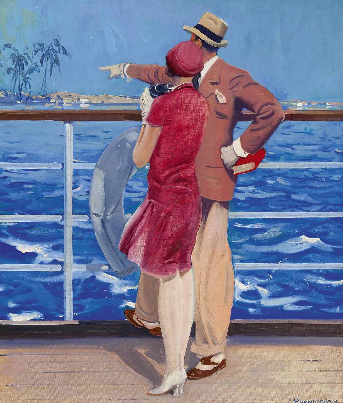 Hem P. van der | Pieter 'Piet' van der Hem, Wintervakantie in de tropen met de K.N.S.M., olieverf op doek 89,0 x 63,5 cm, gesigneerd rechtsonder en te dateren ca. 1928 Hem P. van der | Pieter 'Piet' van der Hem, Wintervakantie in de tropen met de K.N.S.M., olieverf op doek 89,0 x 63,5 cm, gesigneerd rechtsonder en te dateren ca. 1928