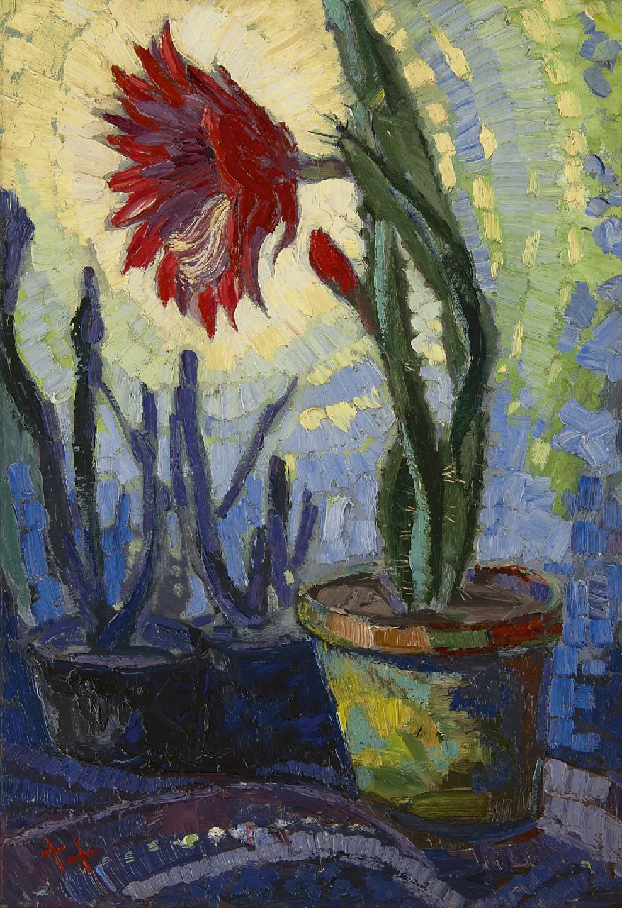 Kruysen J. | Johannes 'Jan' Kruysen, Bloeiende cactus, olieverf op schildersboard 60,8 x 43,0 cm, gesigneerd linksonder met monogram Kruysen J. | Johannes 'Jan' Kruysen, Bloeiende cactus, olieverf op schildersboard 60,8 x 43,0 cm, gesigneerd linksonder met monogram