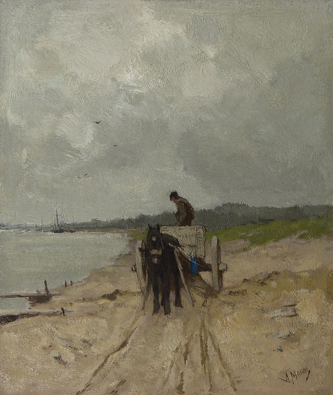 Mauve A.  | Anthonij 'Anton' Mauve, Zandrijder aan de oever van de rivier de Rijn, olieverf op doek 32,9 x 28,1 cm, gesigneerd rechtsonder en te dateren ca. 1875-1880