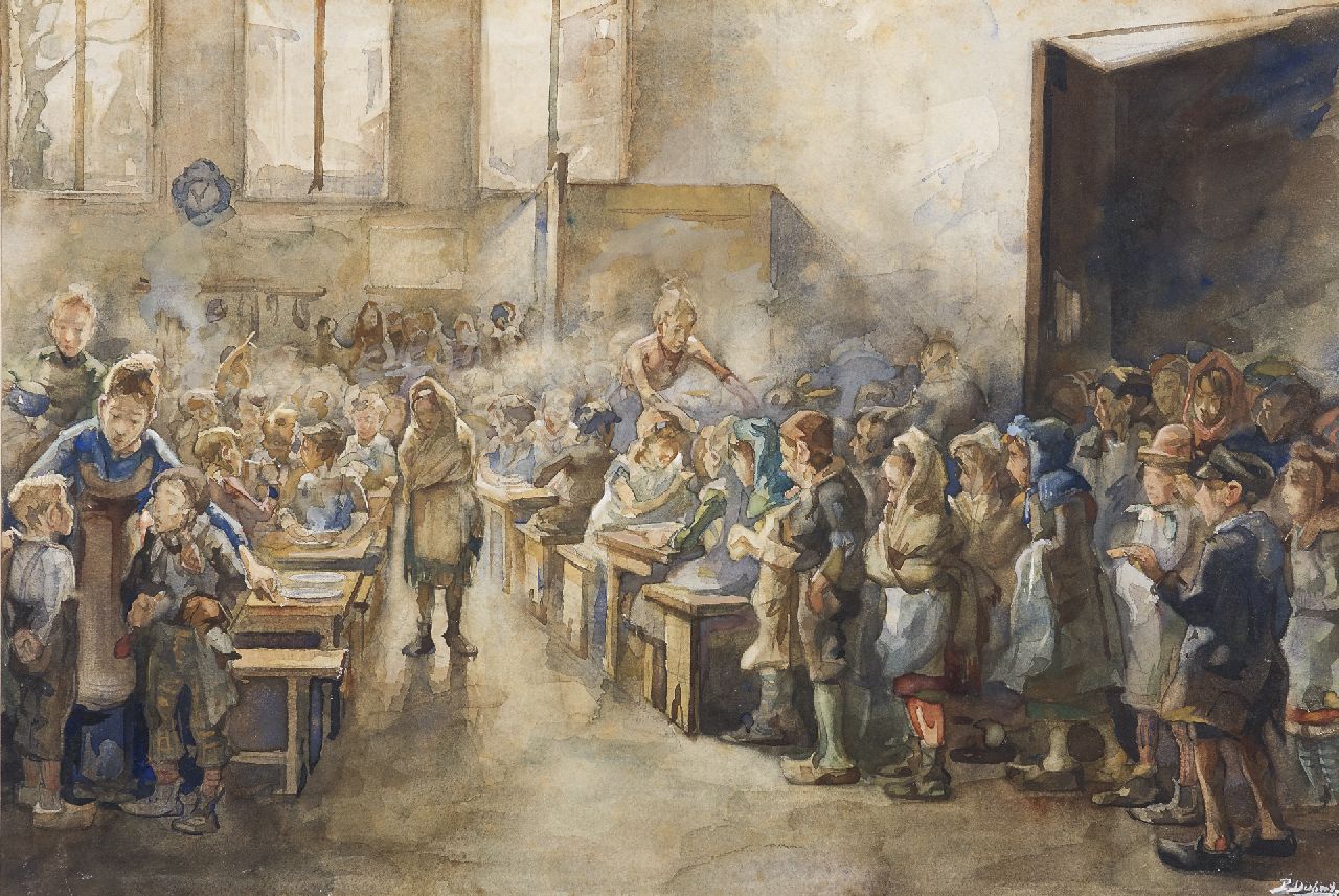 Dupont P. | Pieter Dupont | Aquarellen en tekeningen te koop aangeboden | Het uitdelen van de maaltijd, aquarel op papier 37,0 x 54,9 cm, gesigneerd rechtsonder Dupont P. | Pieter Dupont | Aquarellen en tekeningen te koop aangeboden | Het uitdelen van de maaltijd, aquarel op papier 37,0 x 54,9 cm, gesigneerd rechtsonder