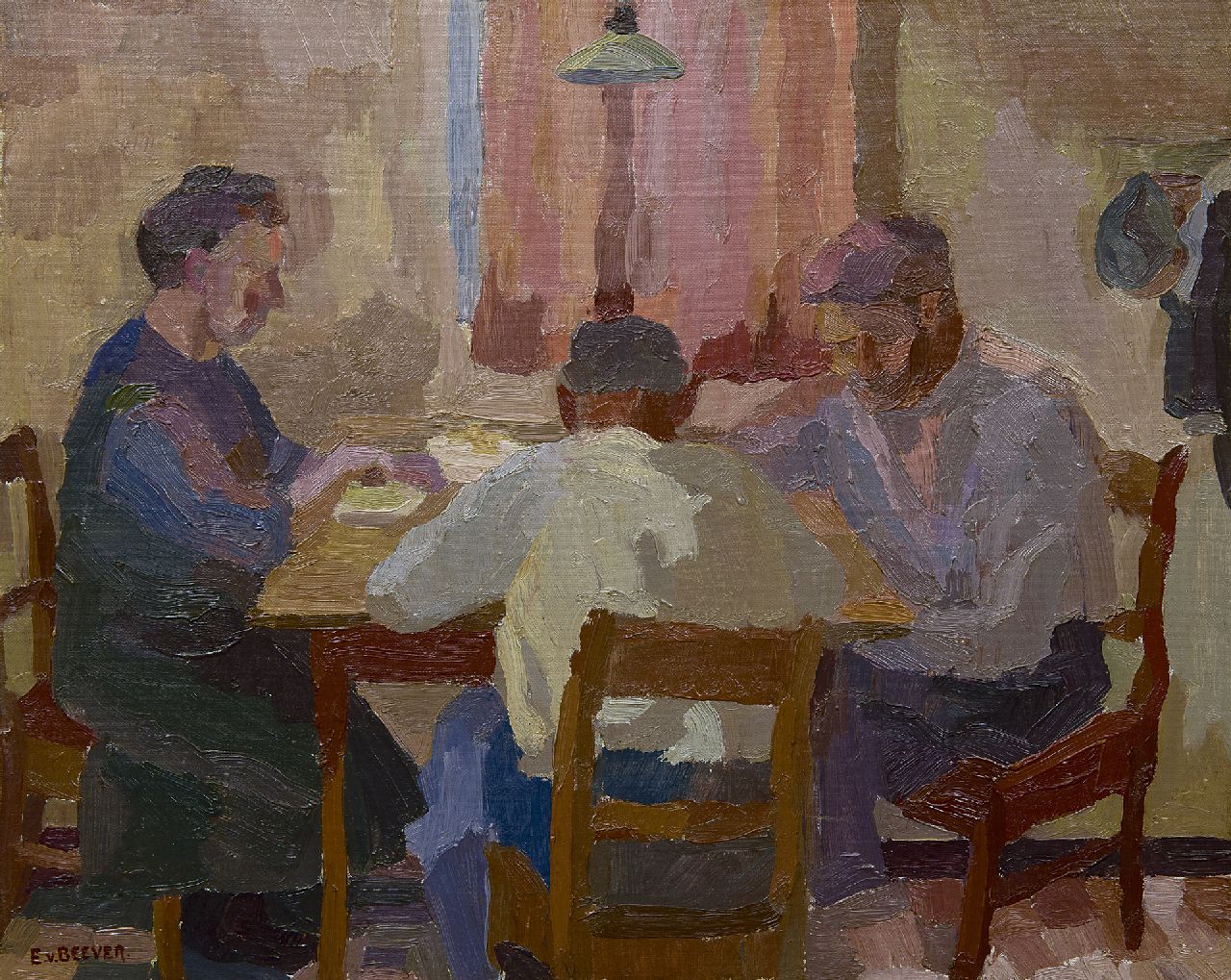 Beever E.S. van | 'Emanuël' Samson van Beever | Schilderijen te koop aangeboden | Avondbezigheden, olieverf op doek op paneel 40,0 x 49,8 cm, gesigneerd linksonder