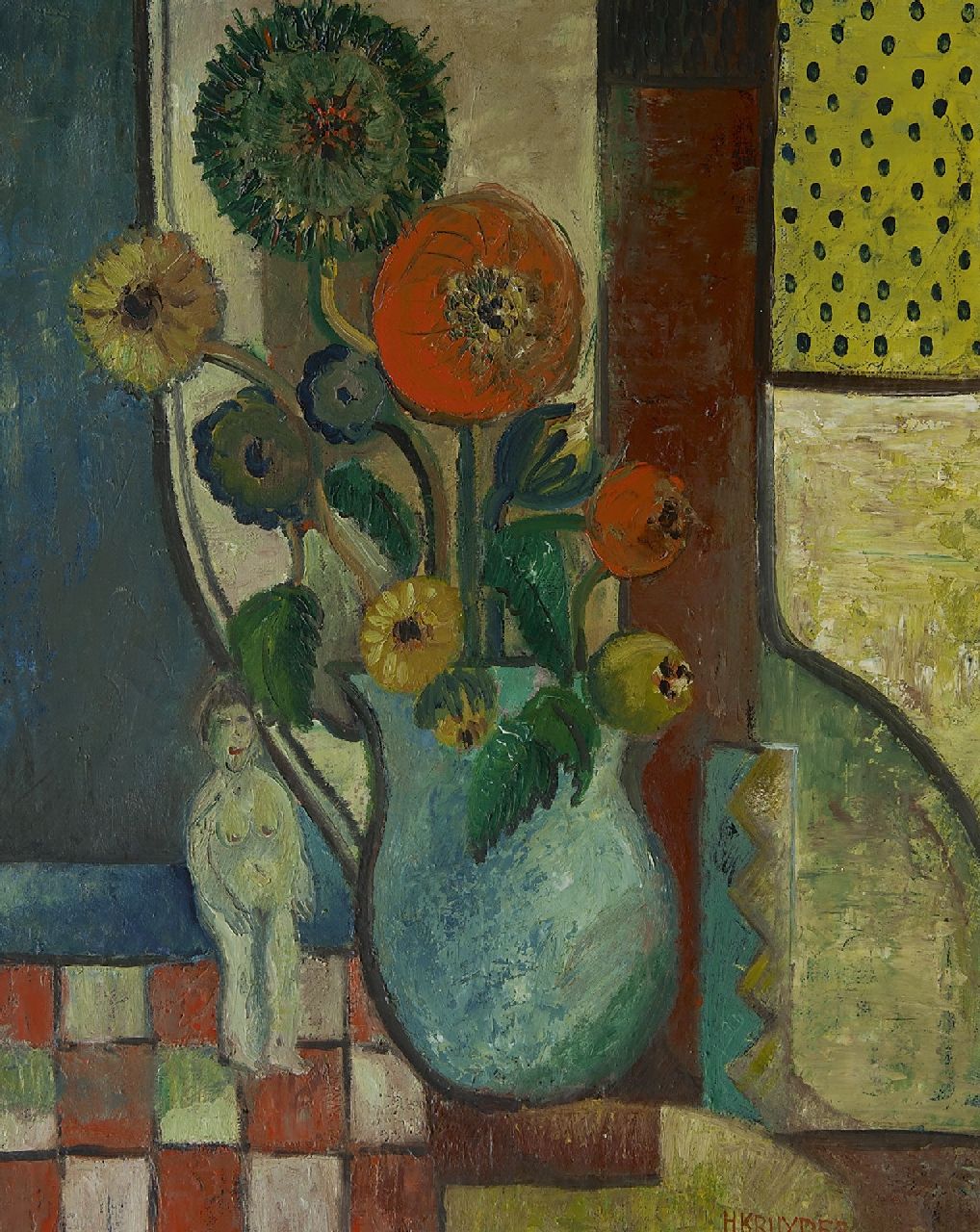 Kruyder H.J.  | 'Herman' Justus Kruyder, Stilleven met bloemen in blauwe vaas en naaktbeeldje, olieverf op doek 69,0 x 54,8 cm, gesigneerd rechtsonder en te dateren ca. 1931