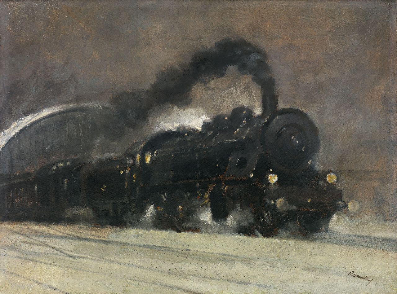 Ronek J.  | Jaroslav Ronek, Vertrekkende stoomtrein, olieverf op schildersboard 44,5 x 59,6 cm, gesigneerd rechtsonder