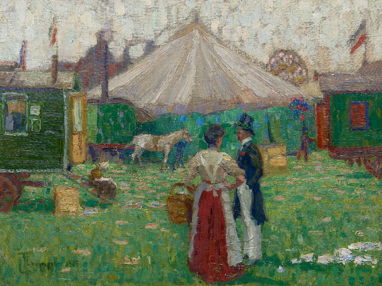 Champion T. | Theo Champion, Bij de kermiswagen, olieverf op doek op board 44,6 x 58,3 cm, gesigneerd linksonder en gedateerd 1909 Champion T. | Theo Champion, Bij de kermiswagen, olieverf op doek op board 44,6 x 58,3 cm, gesigneerd linksonder en gedateerd 1909