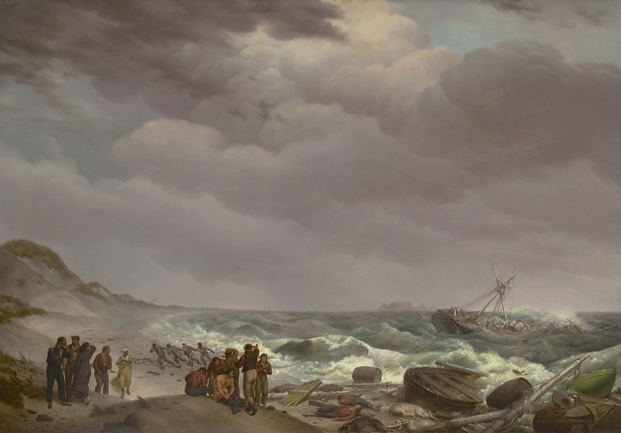Koekkoek J.H.  | Johannes Hermanus Koekkoek, Schipbreuk bij de Kaapkolonie, Zuid-Afrika, met in de verte de Tafelberg, olieverf op paneel 57,4 x 82,8 cm, gesigneerd rechtsonder en gedateerd 1824 (vaag)