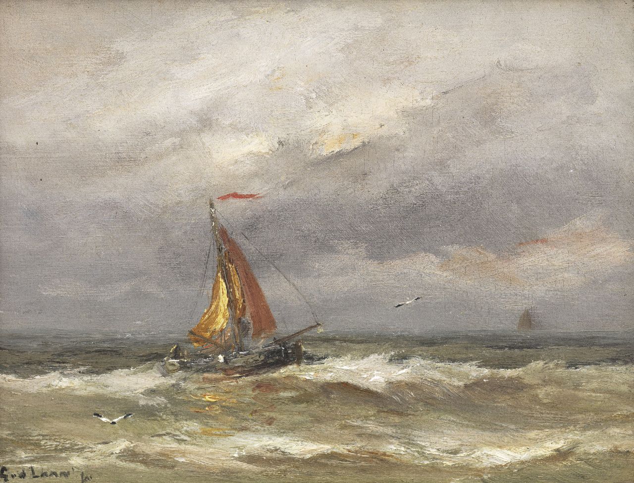 Laan G. van der | Gerard van der Laan, Voor de wind zeilende bomschuit bij Katwijk, olieverf op paneel 15,0 x 19,8 cm, gesigneerd linksonder Laan G. van der | Gerard van der Laan, Voor de wind zeilende bomschuit bij Katwijk, olieverf op paneel 15,0 x 19,8 cm, gesigneerd linksonder