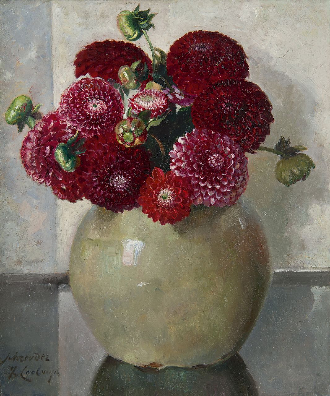 Schreuder van de Coolwijk J.H.W.M. | 'Jan' Hendrik Willem Maurits Schreuder van de Coolwijk, Dahlia's, olieverf op doek 30,0 x 25,2 cm, gesigneerd linksonder Schreuder van de Coolwijk J.H.W.M. | 'Jan' Hendrik Willem Maurits Schreuder van de Coolwijk, Dahlia's, olieverf op doek 30,0 x 25,2 cm, gesigneerd linksonder