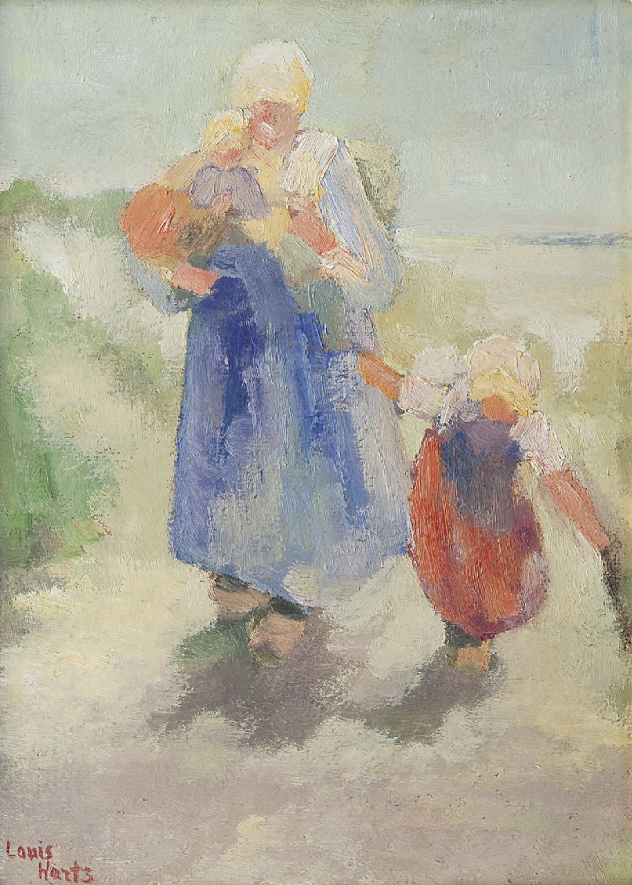 Hartz L.J.  | 'Louis' Jacob Hartz, Naar huis door de duinen, Katwijk, olieverf op board op paneel 25,3 x 19,2 cm, gesigneerd linksonder