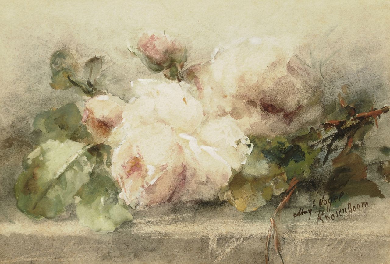 Roosenboom M.C.J.W.H.  | 'Margaretha' Cornelia Johanna Wilhelmina Henriëtta Roosenboom, Rozentakken op een plint, aquarel en gouache op papier 20,8 x 29,9 cm, gesigneerd rechtsonder