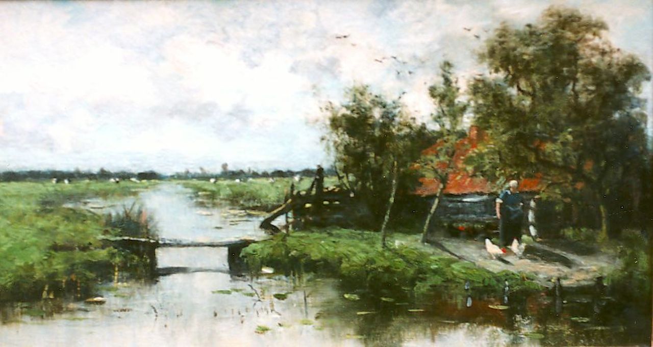 Poggenbeek G.J.H. | George Jan Hendrik 'Geo' Poggenbeek, Rivierlandschap met boerin die kippen voert, olieverf op paneel 15,4 x 27,7 cm, gesigneerd mon rechtsonder Poggenbeek G.J.H. | George Jan Hendrik 'Geo' Poggenbeek, Rivierlandschap met boerin die kippen voert, olieverf op paneel 15,4 x 27,7 cm, gesigneerd mon rechtsonder