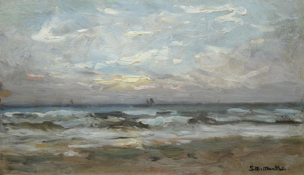 Munthe G.A.L.  | Gerhard Arij Ludwig 'Morgenstjerne' Munthe, De Noordzee bij Katwijk, olieverf op schildersboard 25,0 x 42,1 cm, gesigneerd rechtsonder