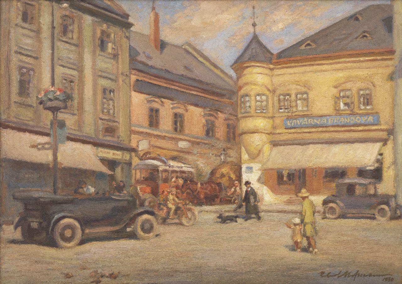 Hofmann R. | Robert Hofmann | Schilderijen te koop aangeboden | Marktplein in Kroměříž met het bekende koffiehuis Kavárna Brándova, Tsjecho-Slowakije,, olieverf op schildersboard 38,3 x 53,0 cm, gesigneerd linksonder en gedateerd 1930 Hofmann R. | Robert Hofmann | Schilderijen te koop aangeboden | Marktplein in Kroměříž met het bekende koffiehuis Kavárna Brándova, Tsjecho-Slowakije,, olieverf op schildersboard 38,3 x 53,0 cm, gesigneerd linksonder en gedateerd 1930