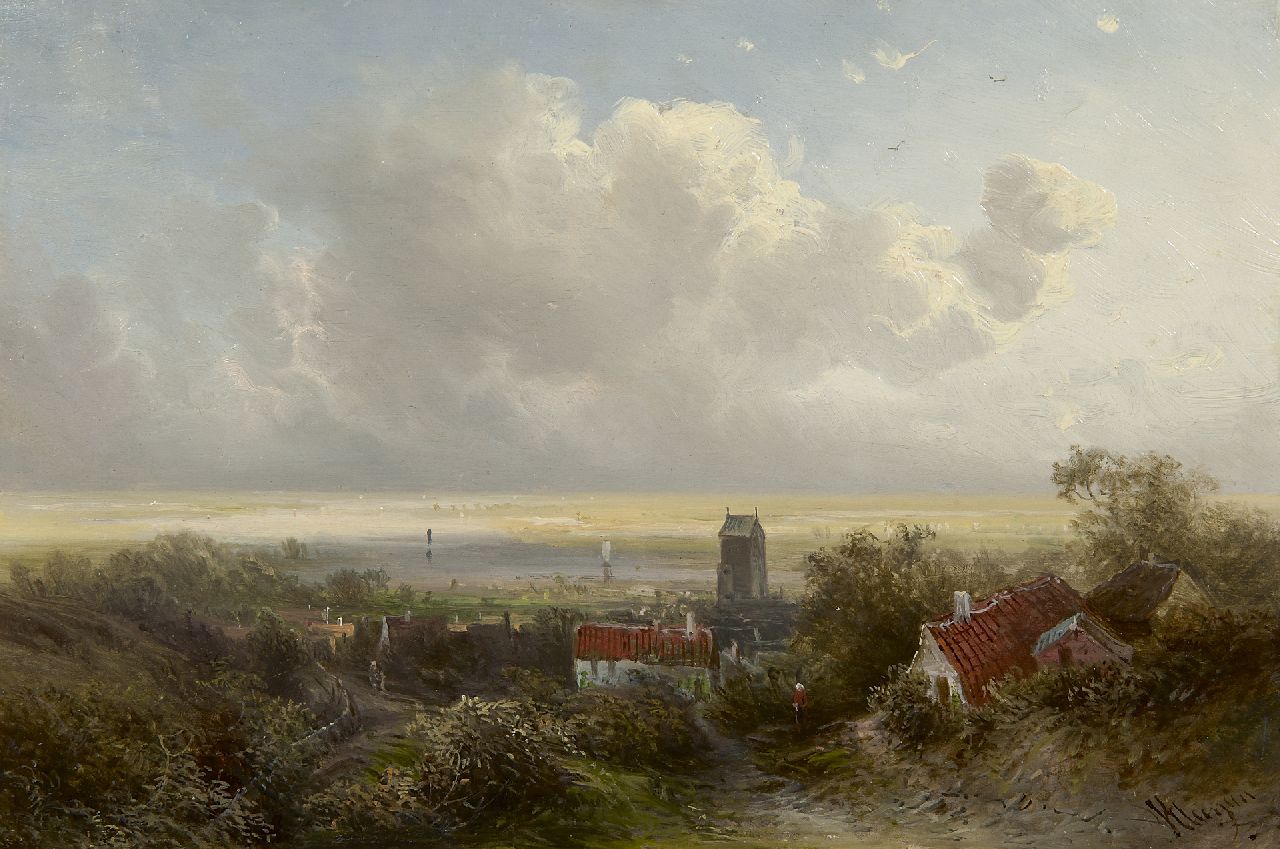 Kluyver P.L.F. | 'Pieter' Lodewijk Francisco Kluyver | Schilderijen te koop aangeboden | Gezicht op een dorp met kerk op een riviervallei, olieverf op paneel 23,7 x 36,0 cm, gesigneerd rechtsonder Kluyver P.L.F. | 'Pieter' Lodewijk Francisco Kluyver | Schilderijen te koop aangeboden | Gezicht op een dorp met kerk op een riviervallei, olieverf op paneel 23,7 x 36,0 cm, gesigneerd rechtsonder